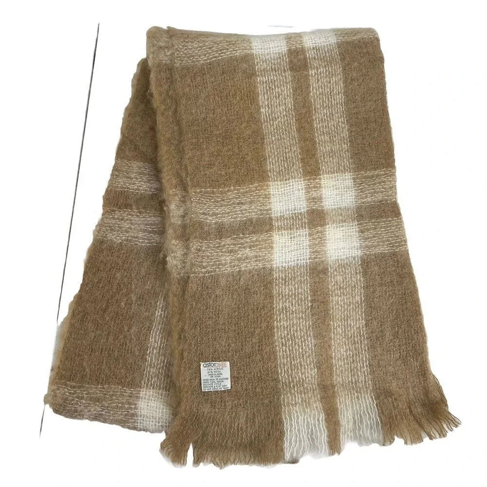 Astor One Scarf Wool Blend Tan Plaid Wrap‎ Vintage Made Japan Fringe Fuzzy Shawl